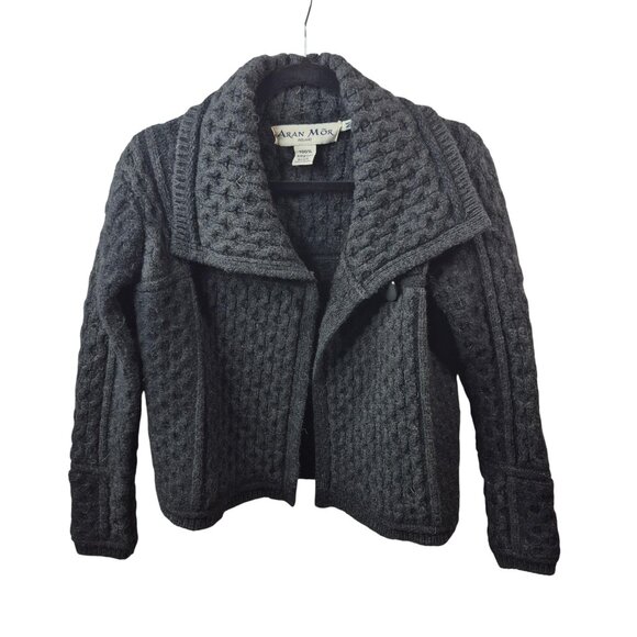 Aran Mor Sweater Womens M Gray Merino Wool Cardigan Chunky Knit Ireland - Picture 7 of 8